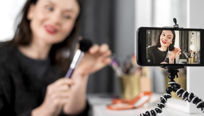 Smiley Blurred Woman Holding Brush